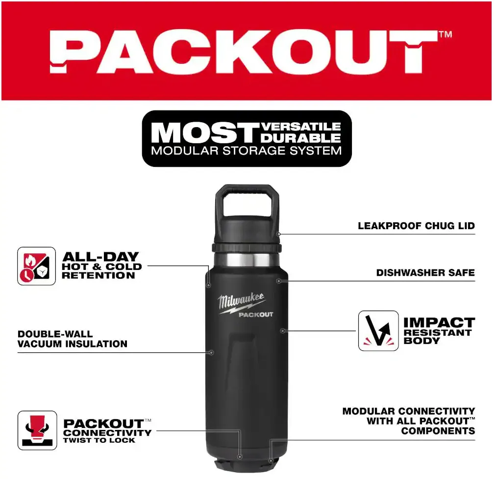 48-22-8397B Milwaukee PACKOUT 360z Insulated Bottle w/ Chug Lid - Black