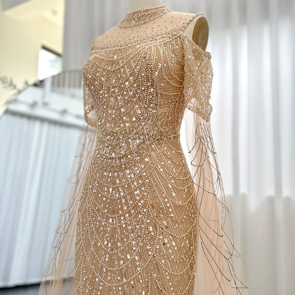 Luxury Sage Green Evening Dress with Cape Sleeves SS205