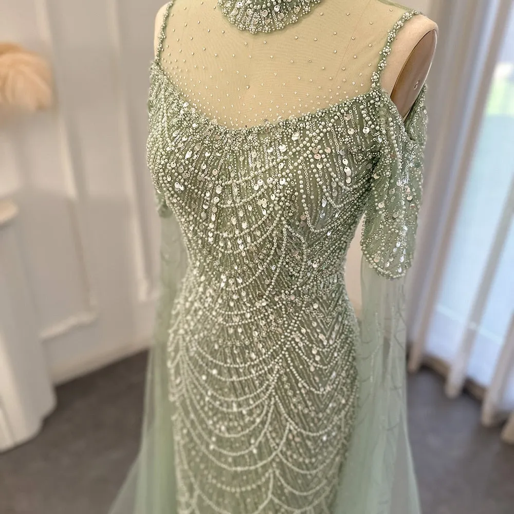 Luxury Sage Green Evening Dress with Cape Sleeves SS205