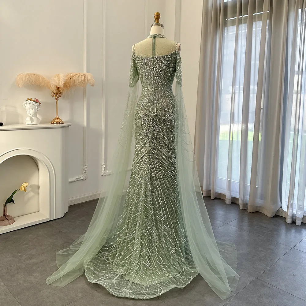 Luxury Sage Green Evening Dress with Cape Sleeves SS205