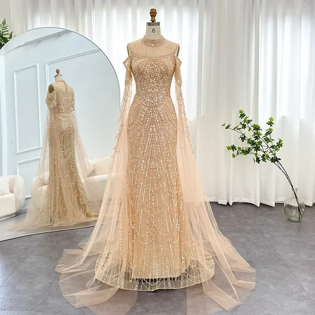 Luxury Sage Green Evening Dress with Cape Sleeves SS205