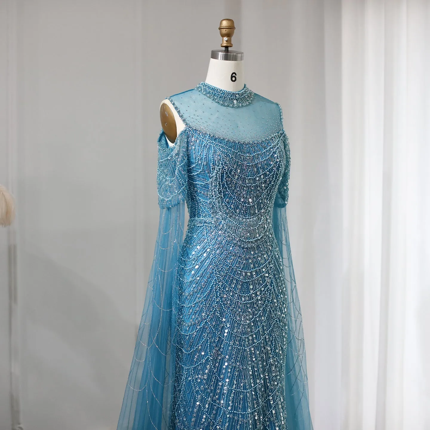 Luxury Sage Green Evening Dress with Cape Sleeves SS205