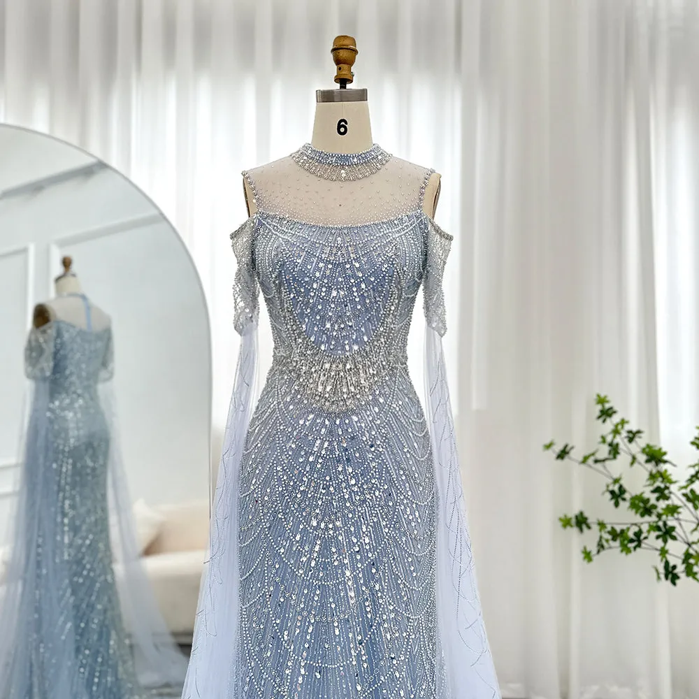 Luxury Sage Green Evening Dress with Cape Sleeves SS205