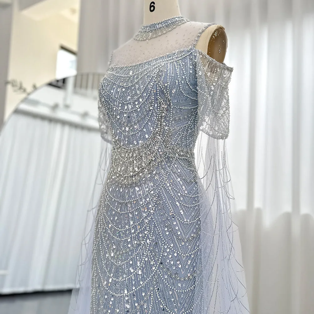 Luxury Sage Green Evening Dress with Cape Sleeves SS205