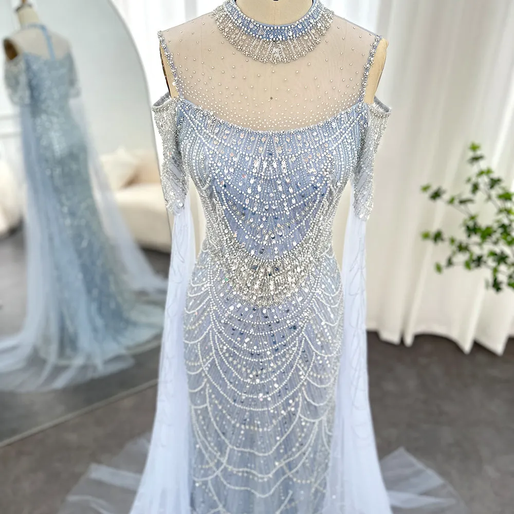 Luxury Sage Green Evening Dress with Cape Sleeves SS205