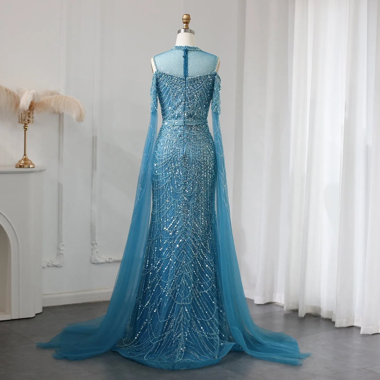 Luxury Sage Green Evening Dress with Cape Sleeves SS205