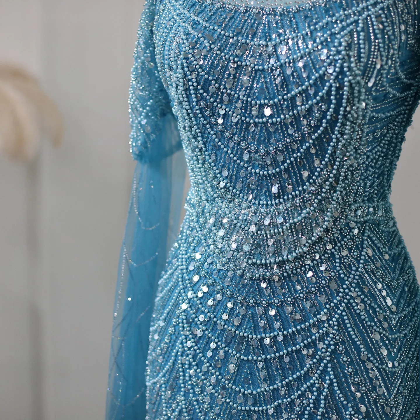 Luxury Sage Green Evening Dress with Cape Sleeves SS205