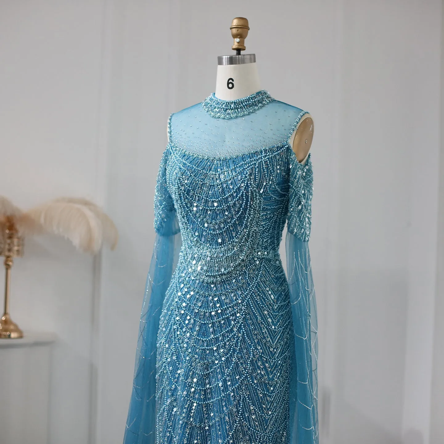 Luxury Sage Green Evening Dress with Cape Sleeves SS205