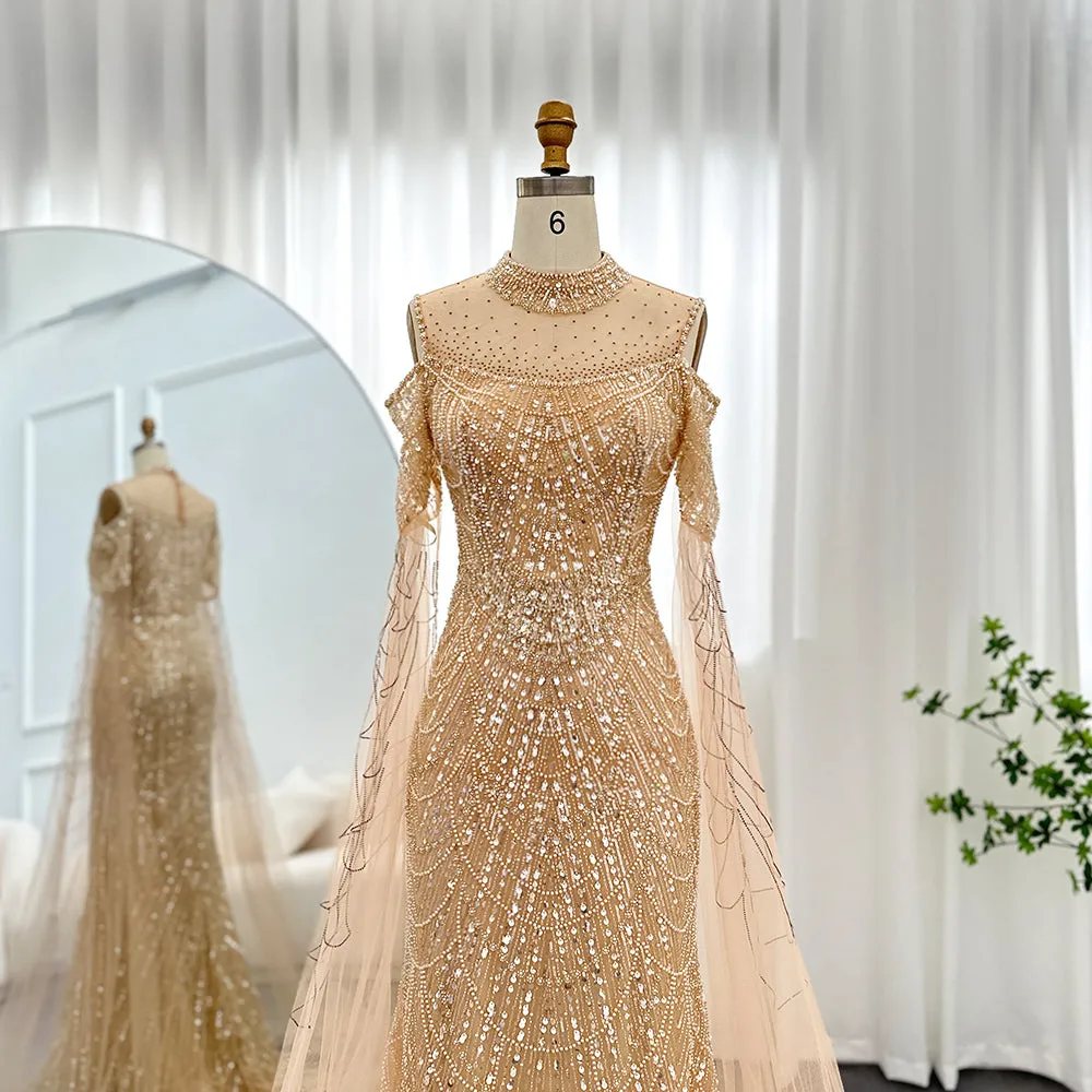 Luxury Sage Green Evening Dress with Cape Sleeves SS205