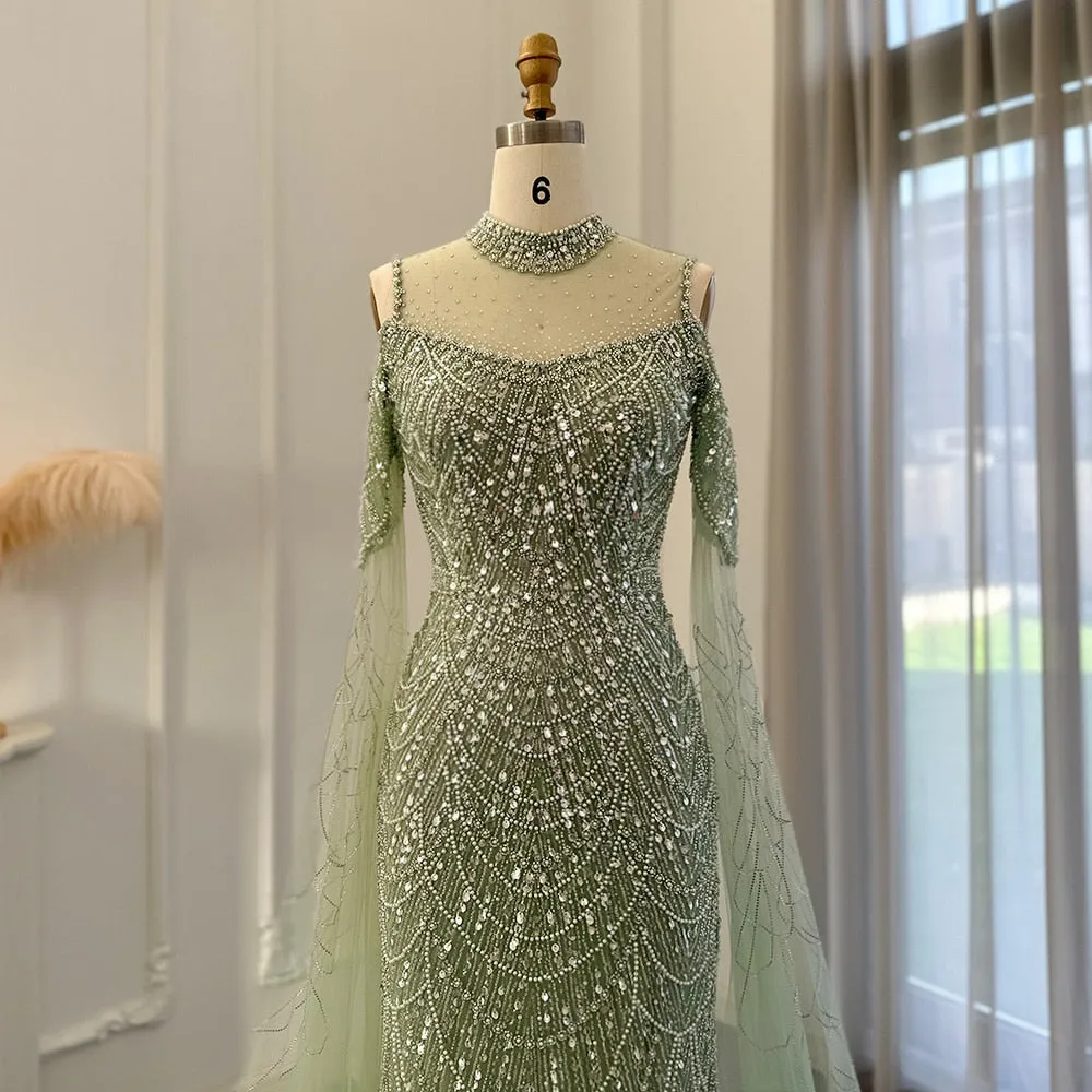 Luxury Sage Green Evening Dress with Cape Sleeves SS205