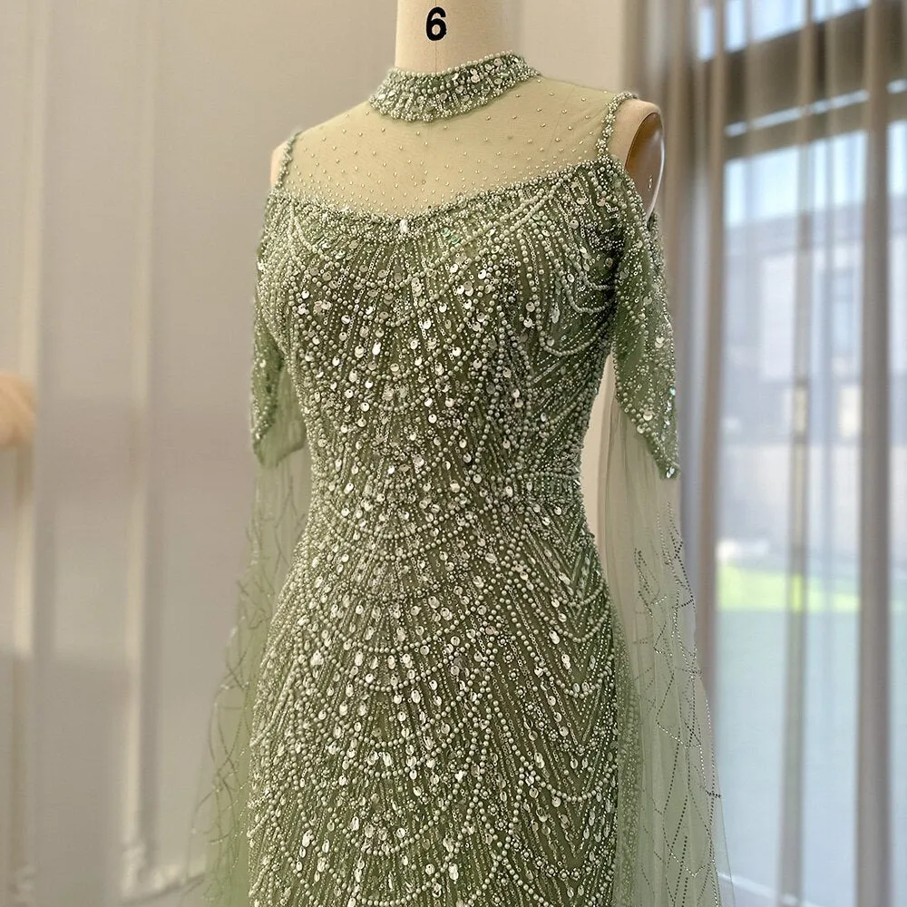 Luxury Sage Green Evening Dress with Cape Sleeves SS205