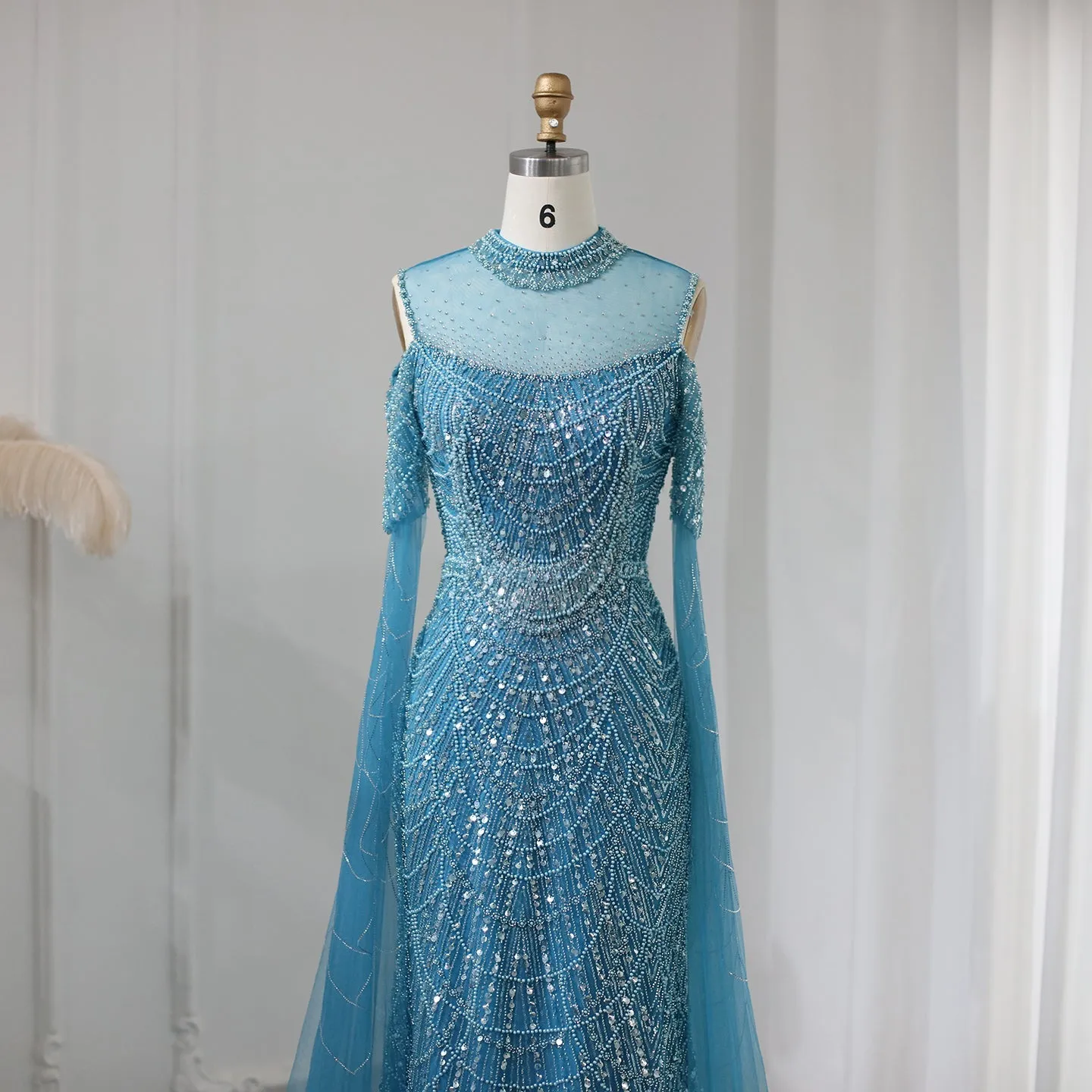 Luxury Sage Green Evening Dress with Cape Sleeves SS205